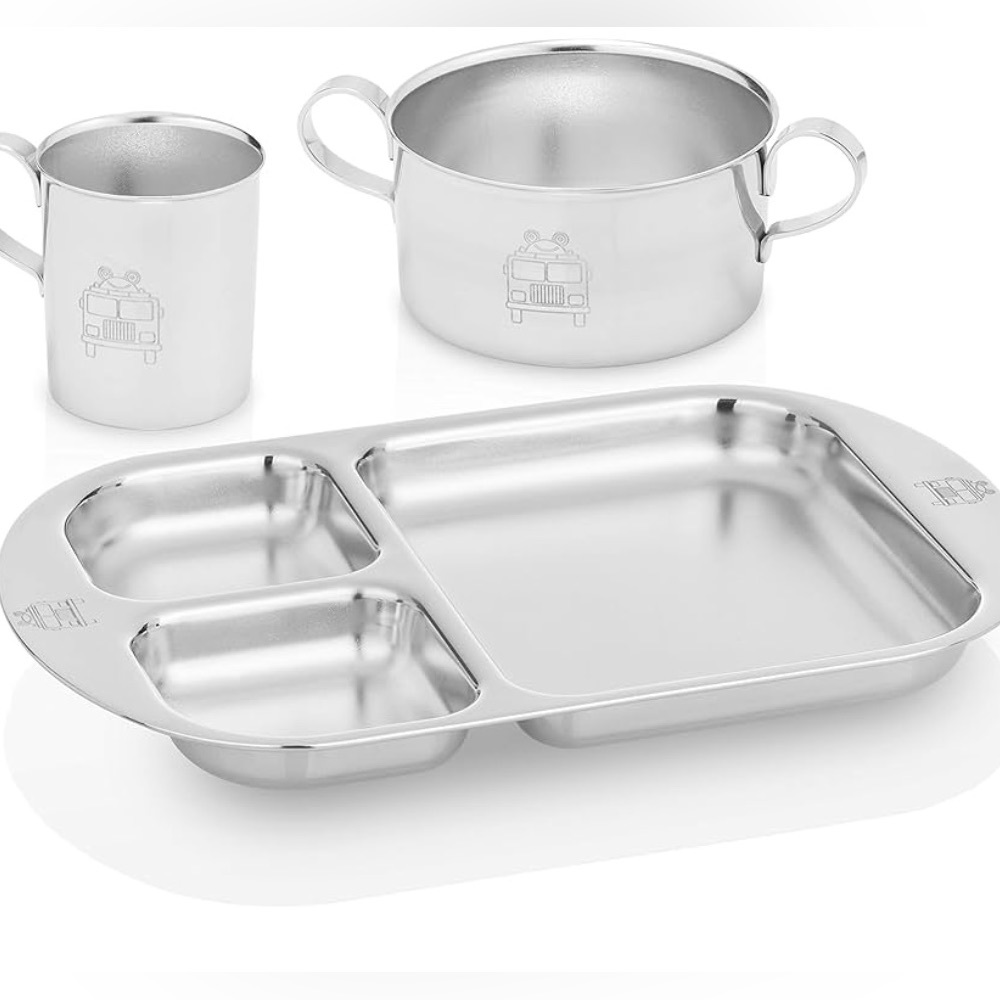 New w/o Box! Kiddobloom Children Stainless Steel Firetruck Frog Dinnerware Set!